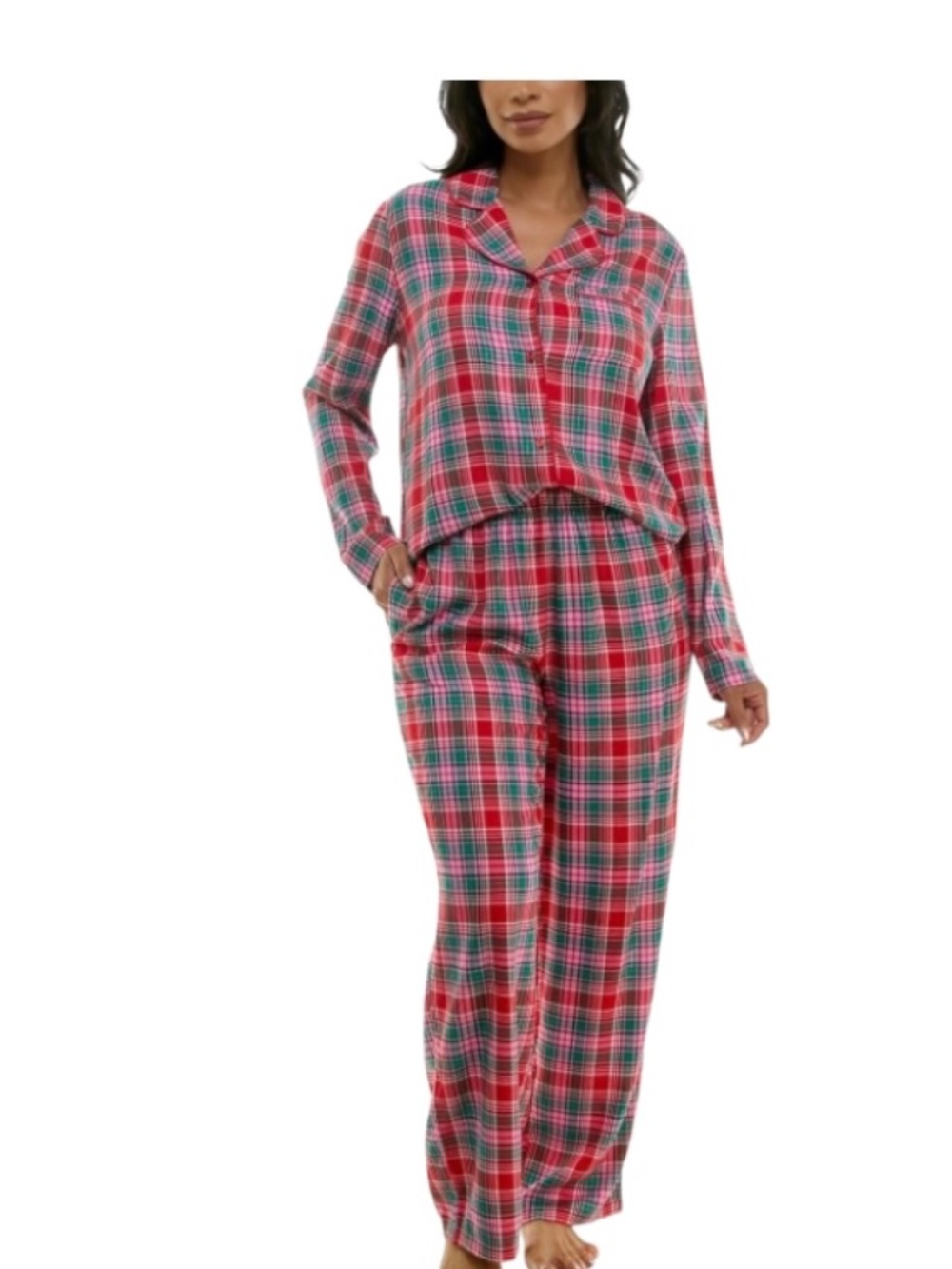 Roudelain Women's Notched-Collar Flannel Pajama Set with Lurex - Harley Tar |NWT